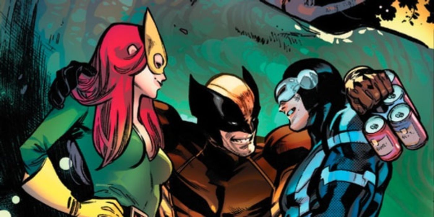 Wolverine puts his arms around Cyclops and Jean Grey while holding a six pack of beer