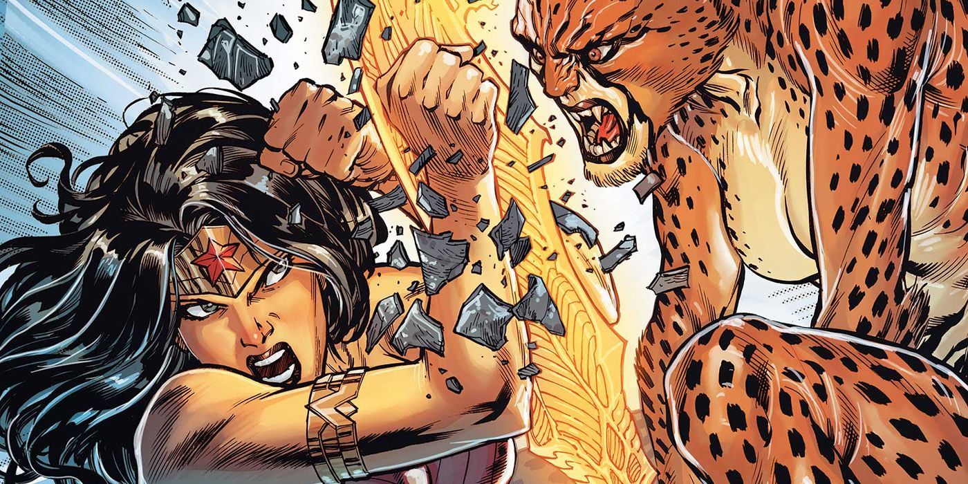 Cheetah corta Mulher Maravilha com a espada Godkiller