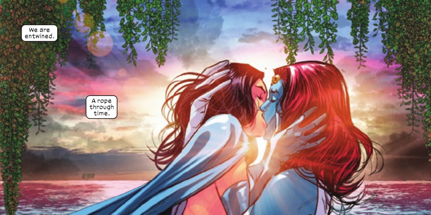 Destiny and Mystique's kiss under willow branches in Marvel Comics
