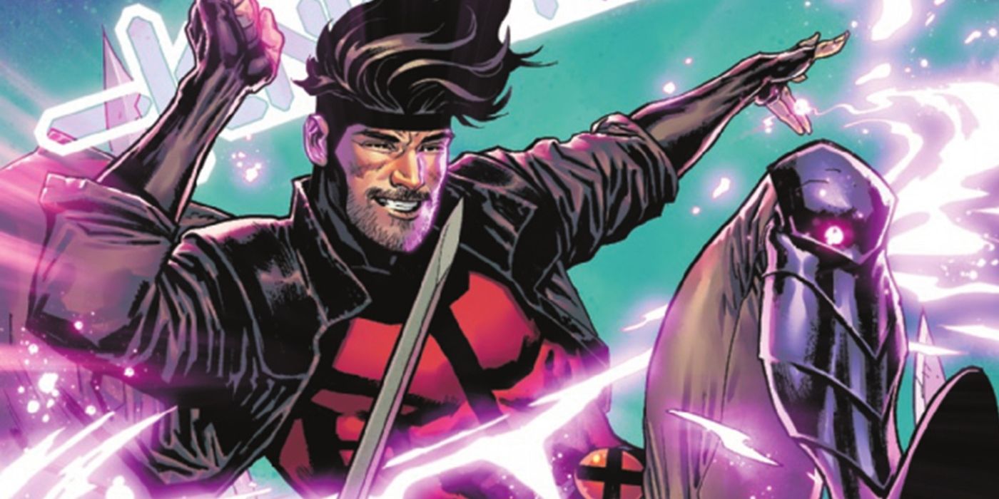Gambit smiling while flinging charged up solitaire cards in the Knights of X comic