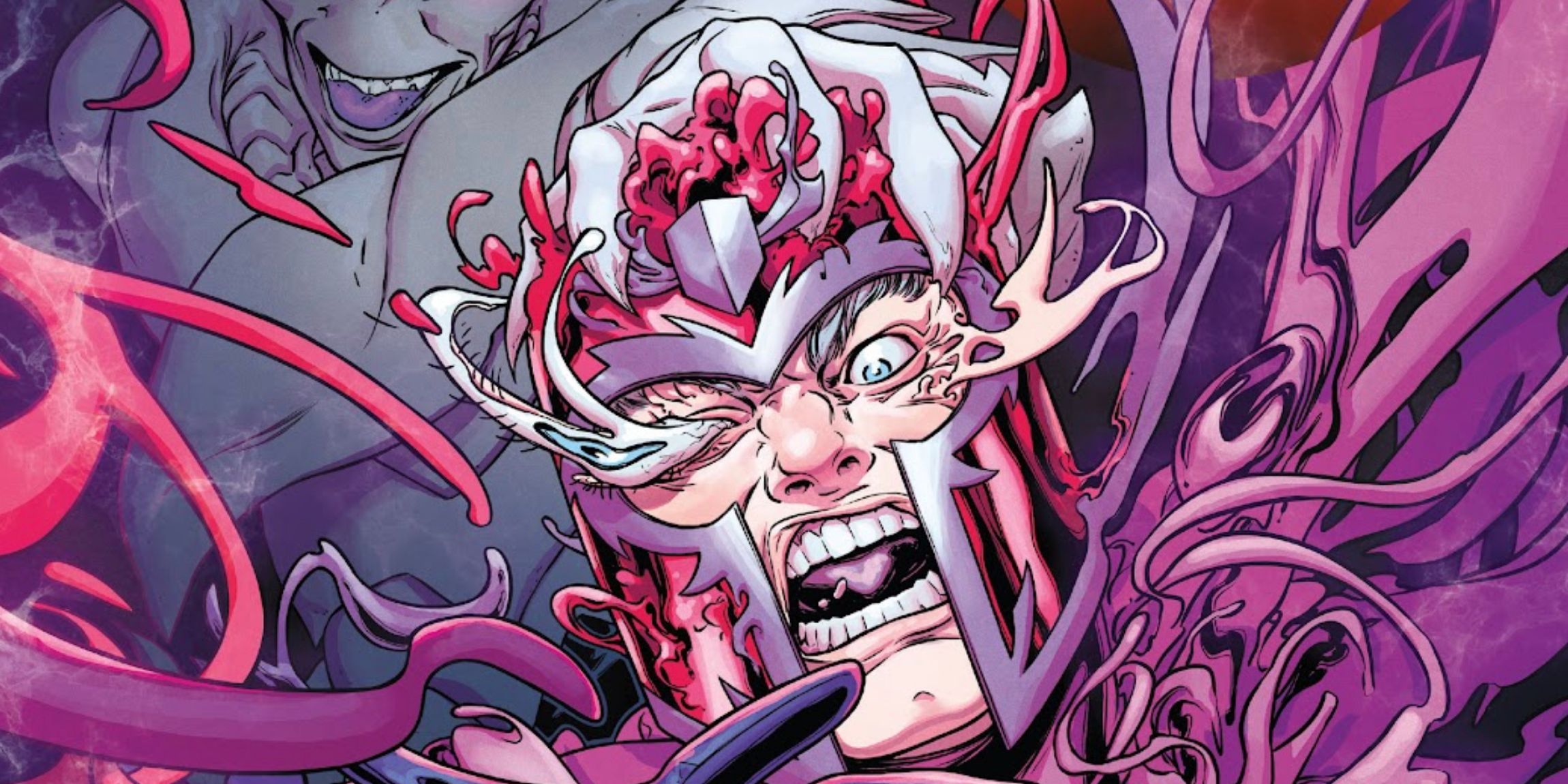 A pained Magneto, his flesh almost disassembled by the powers of the mutant Tarn, who stands behind him.