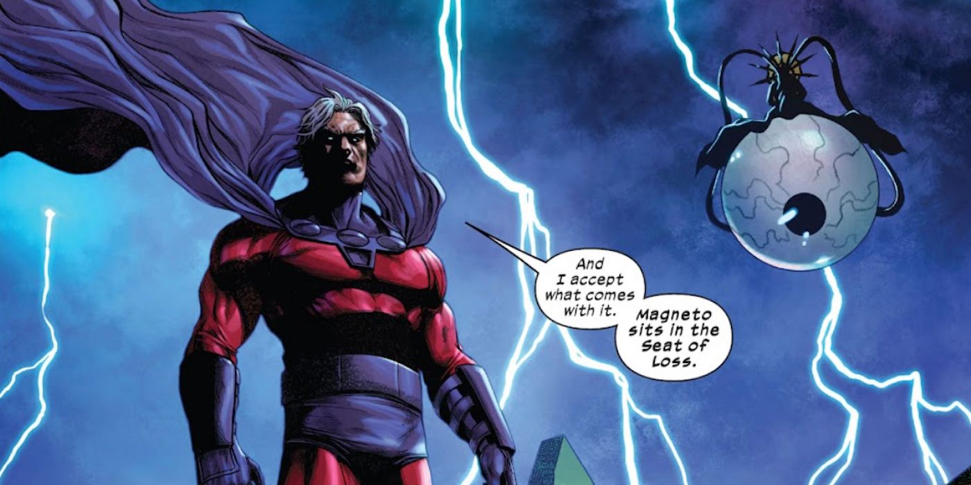 Magneto hovering in the air and verbally accepting his seat in the Great Ring in Marvel Comics.