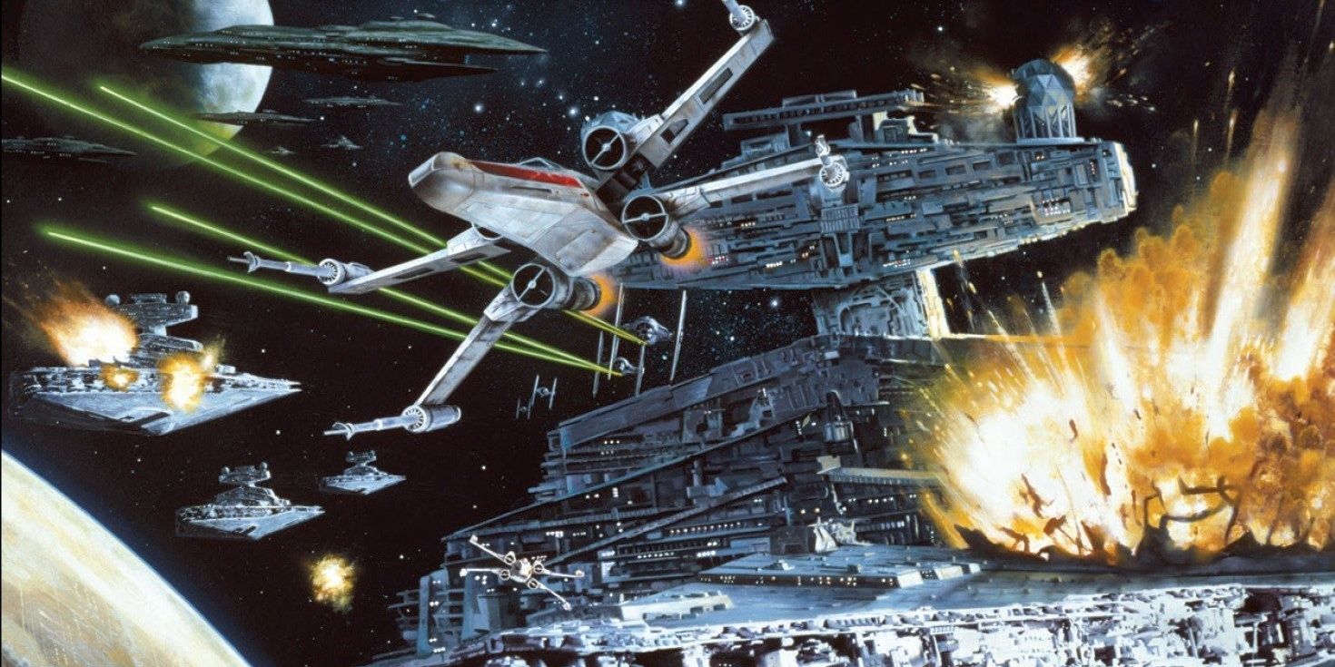 X-Wings flying around in a battle with a star destroyer