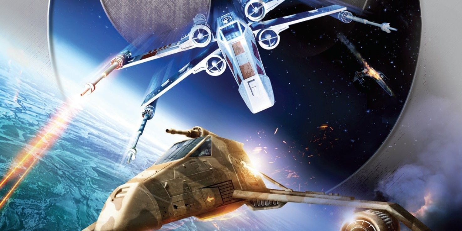 Um X-Wing abatendo um caça inimigo em Star Wars.