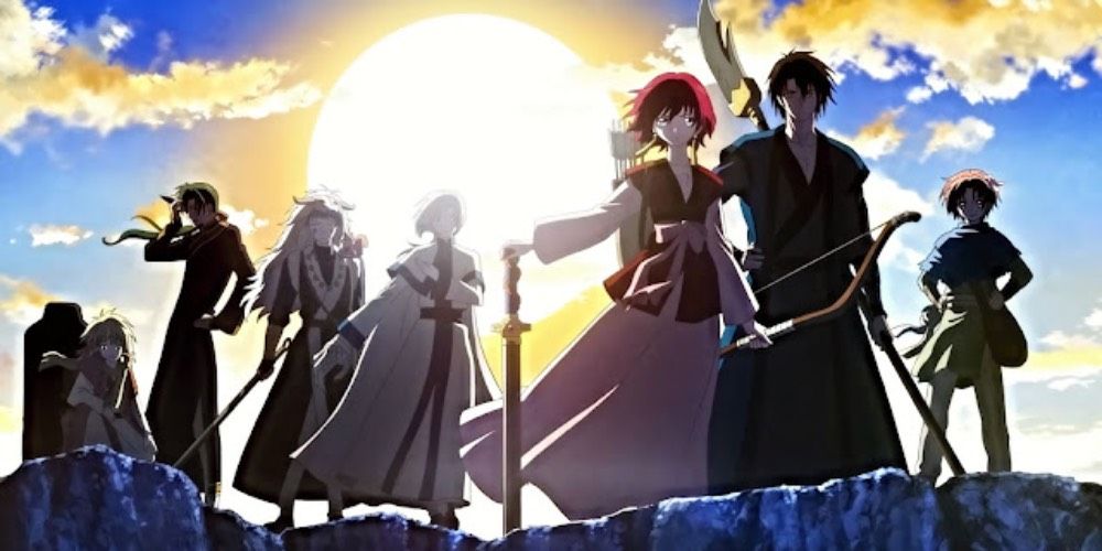 Yona and the group from Yona of the Dawn standing on a cliff in front of a shining sun.