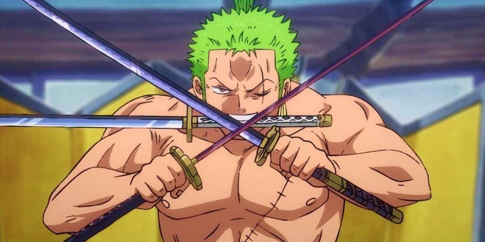 Zoro positioned with his three swords and getting ready to fight in One Piece.