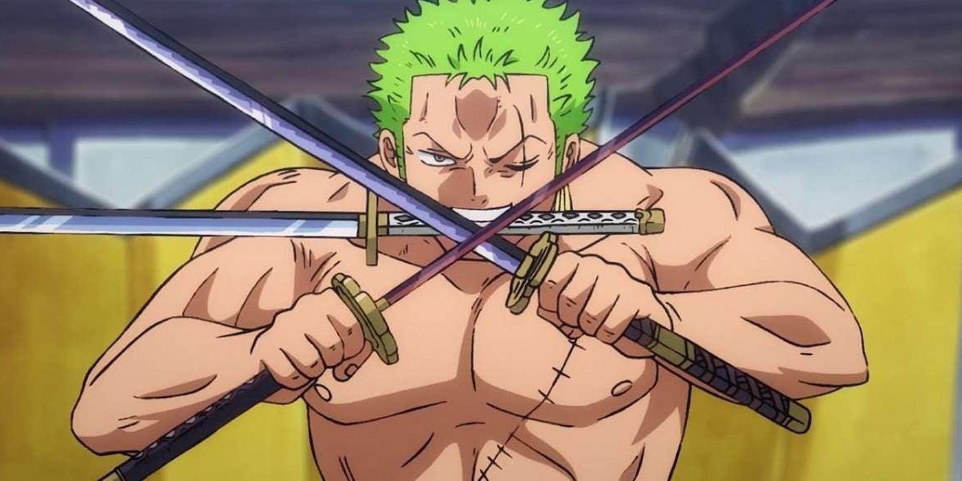 Zoro wielding three swords in One Piece.