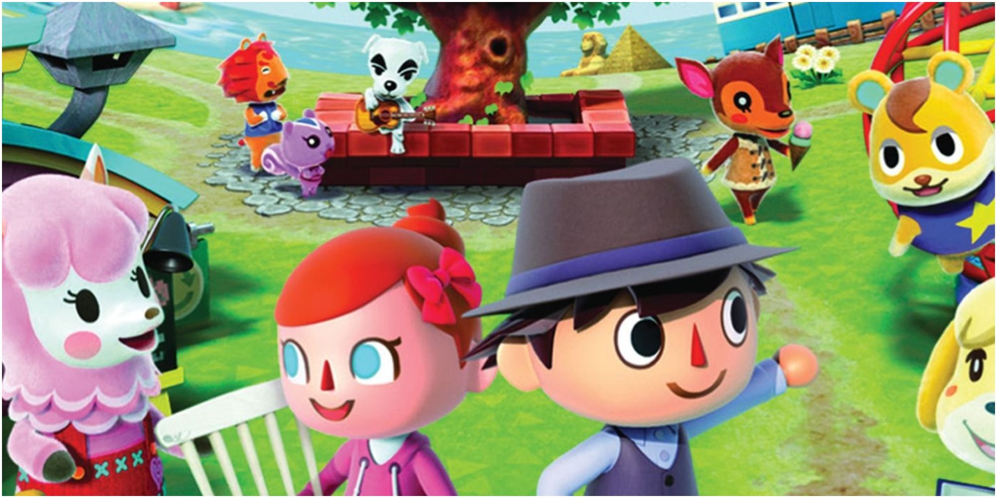 The box art from Animal Crossing: New Leaf. Two human characters are surrounded by villagers and NPCs