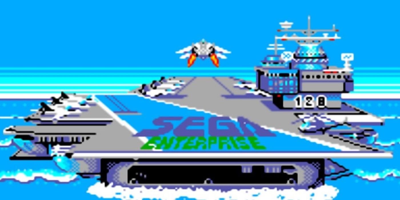 Takeoff of an F-14 tomcat from the aircraft carrier "Sega Enterprise" in the Top Gun-inspired video game After Burner.
