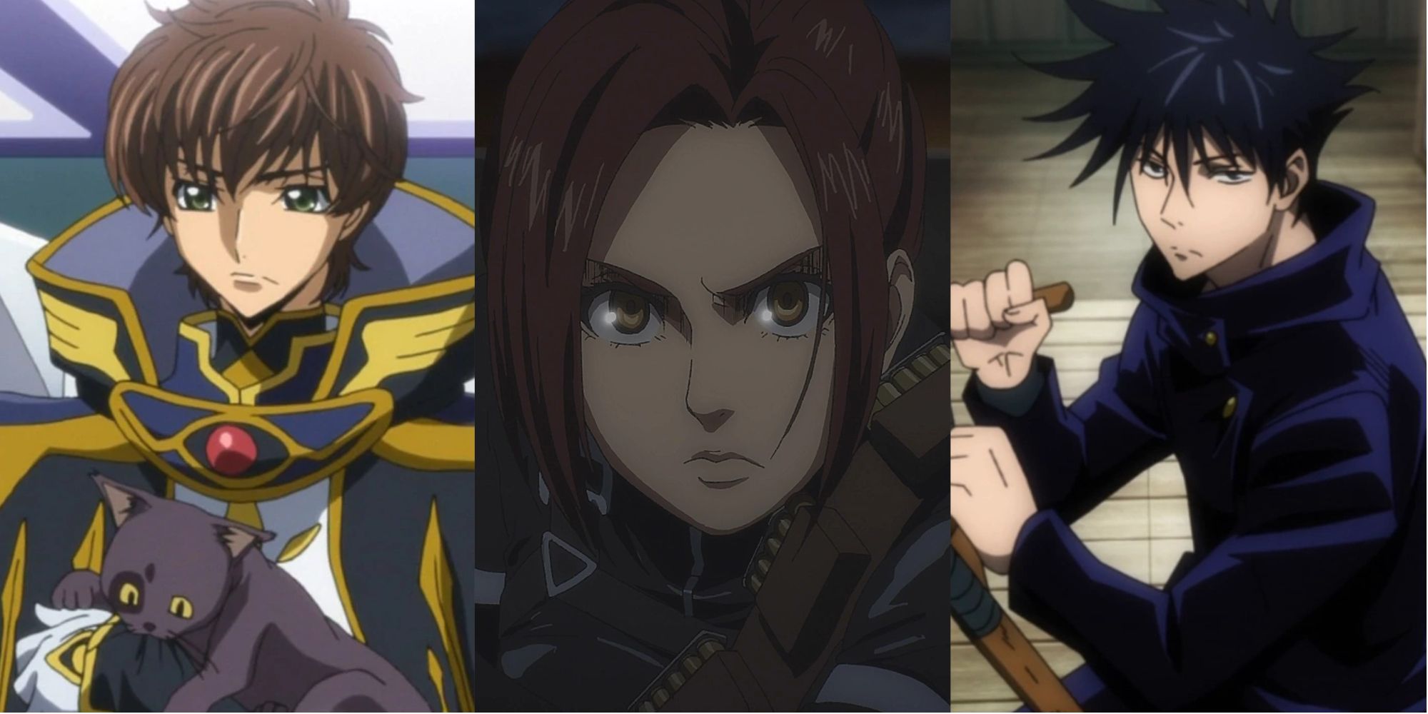 split image of suzaku kururugi code geass, sasha blous attack on titan, and megumi fushiguro jujutsu kaisen