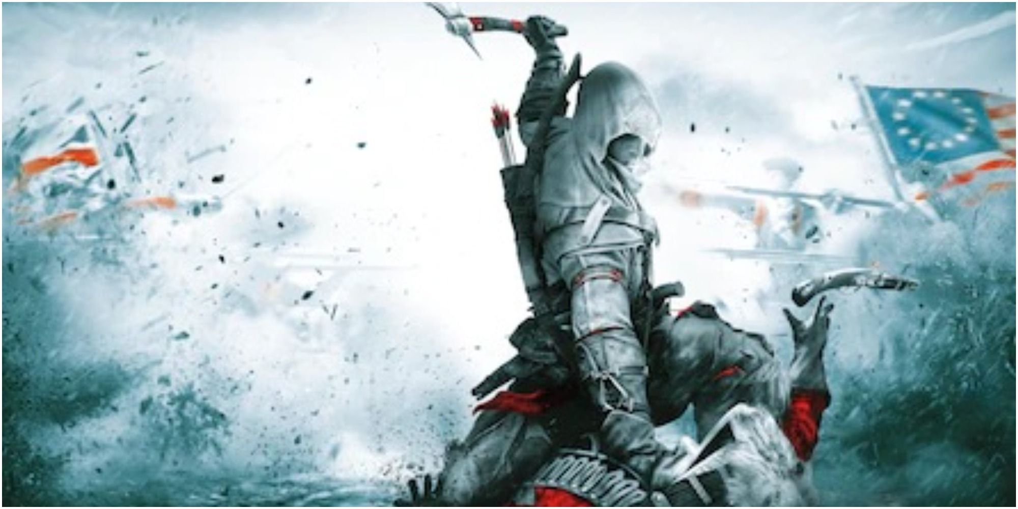 An assassin about to kill a British redcoat on the box art from Assassin's Creed III.