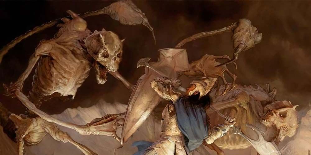 Several bone devils attacking a paladin in DnD