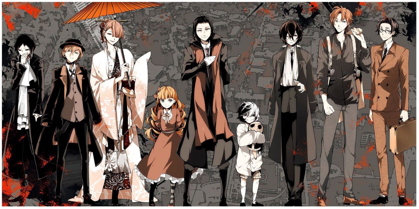 The Port Mafia standing side by side and posing in Bungou Stray Dogs.