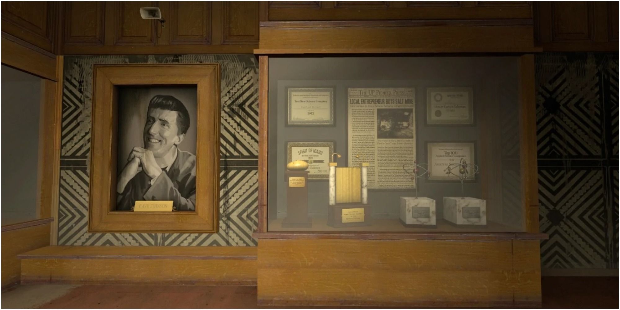 Cave Johnson's portrait and awards in Portal 2