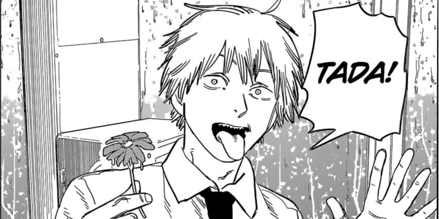 Denji from Chainsaw Man holding a flower and saying "Tada!" in the manga.