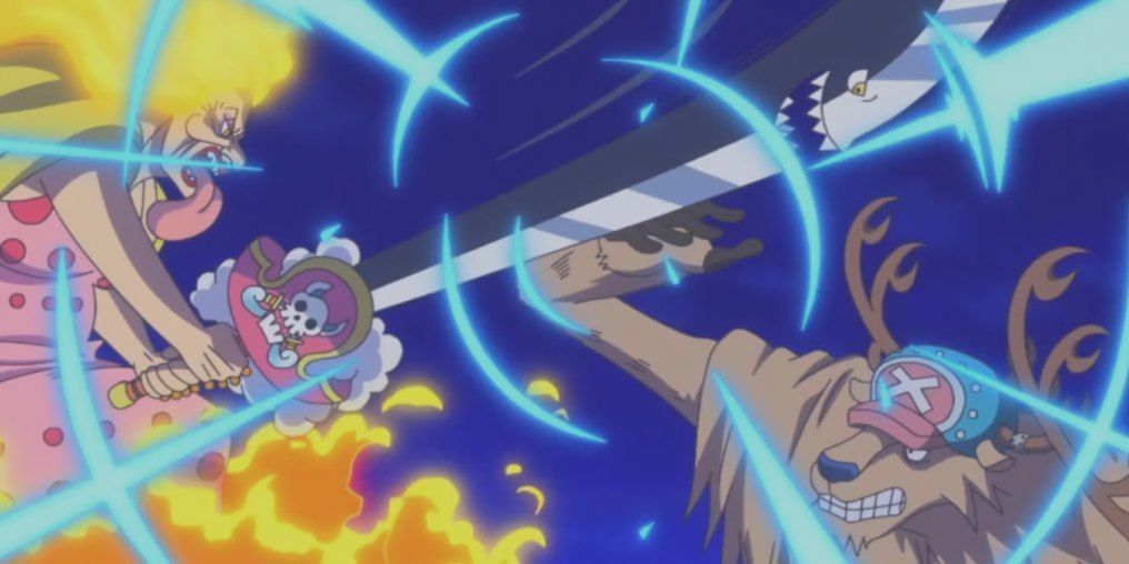 Tony Tony Chopper defending the Straw Hat Pirates from Big Mom in One Piece.