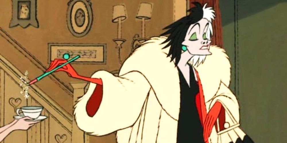 Cruella de Vil in her fur coat and smoking in 101 Dalmatians.