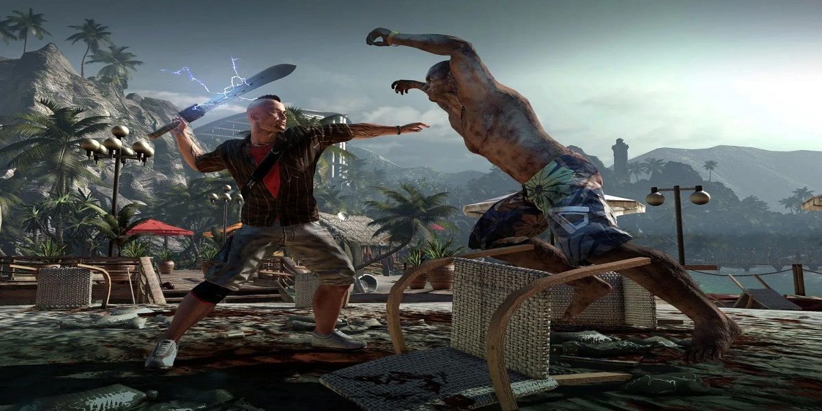 Fighting off a zombie with electric weapon in Dead Island.