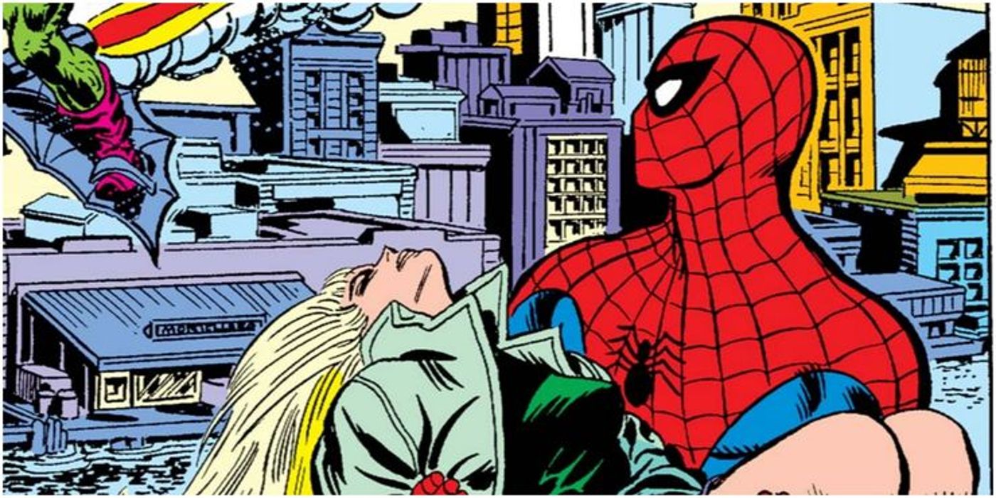 Spider-Man holds Gwen Stacy's dead body as Green Goblin escapes in Marvel Comics