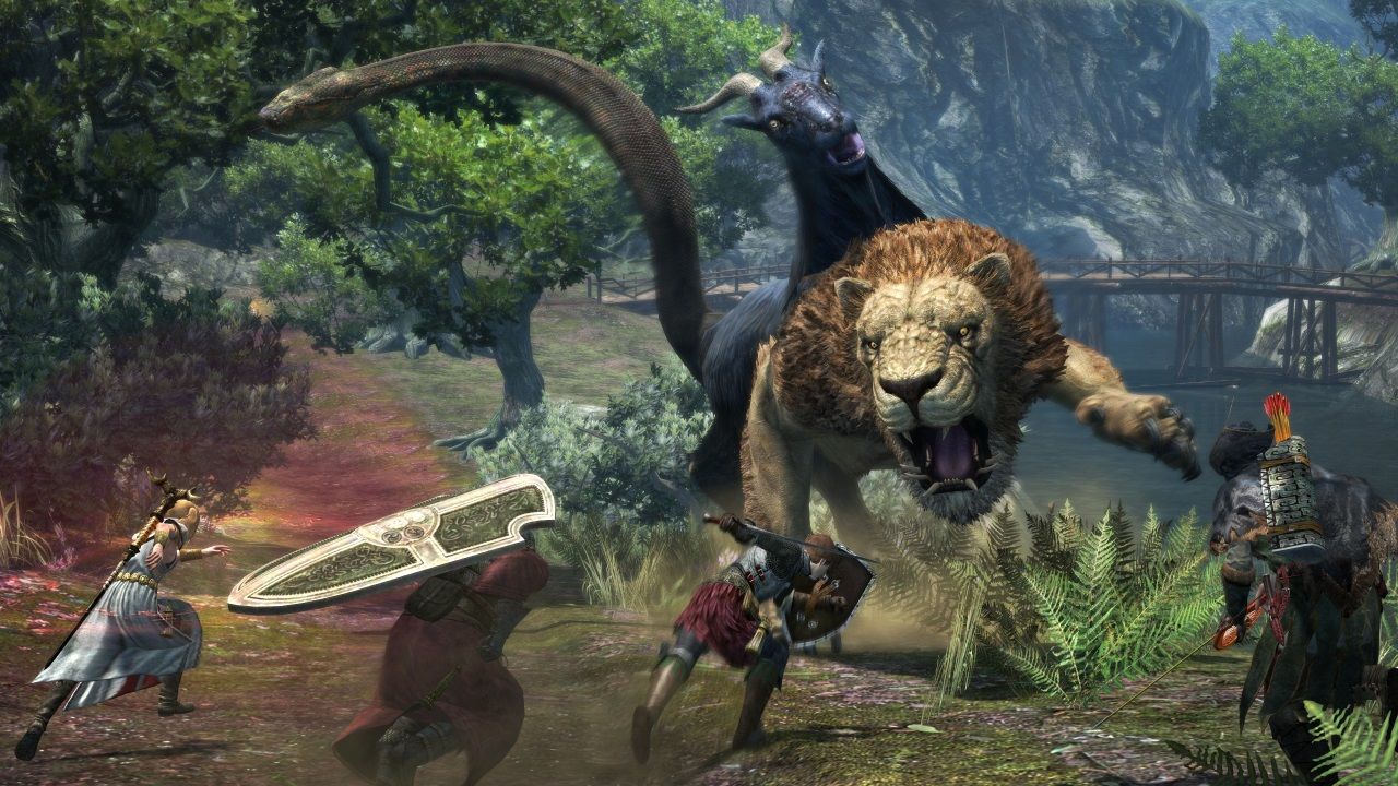 Warriors battling a lion in Dragons Dogma