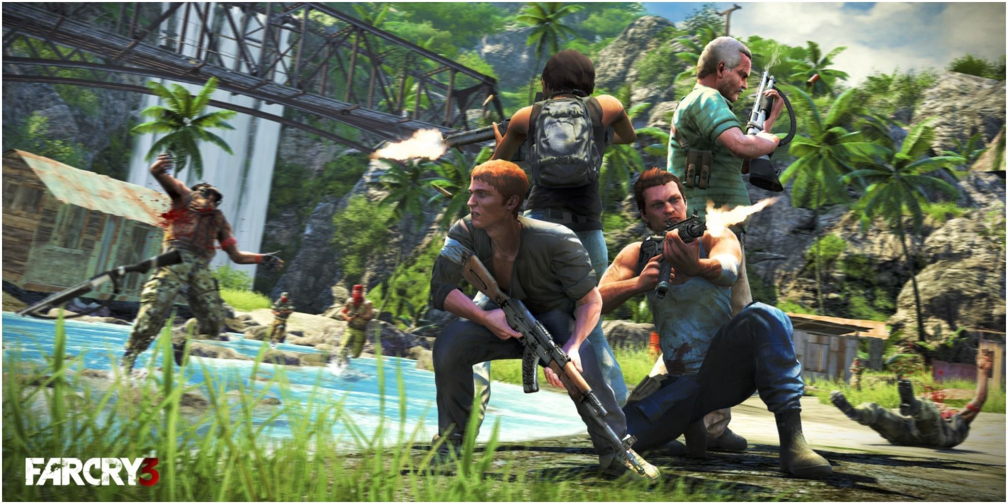 A promo image for Far Cry 3 of several characters in a gunfight near a waterfall and bridge.