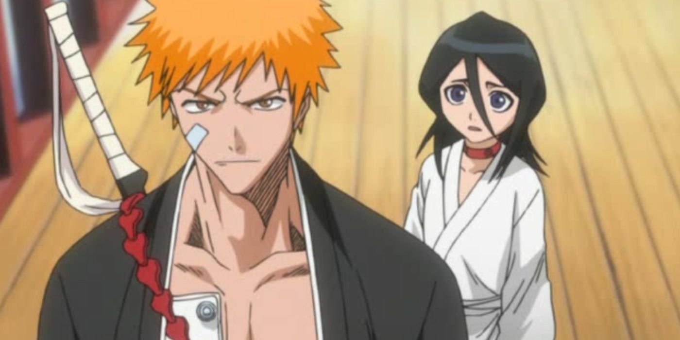 A determined Ichigo stands in front of a concerned Rukia