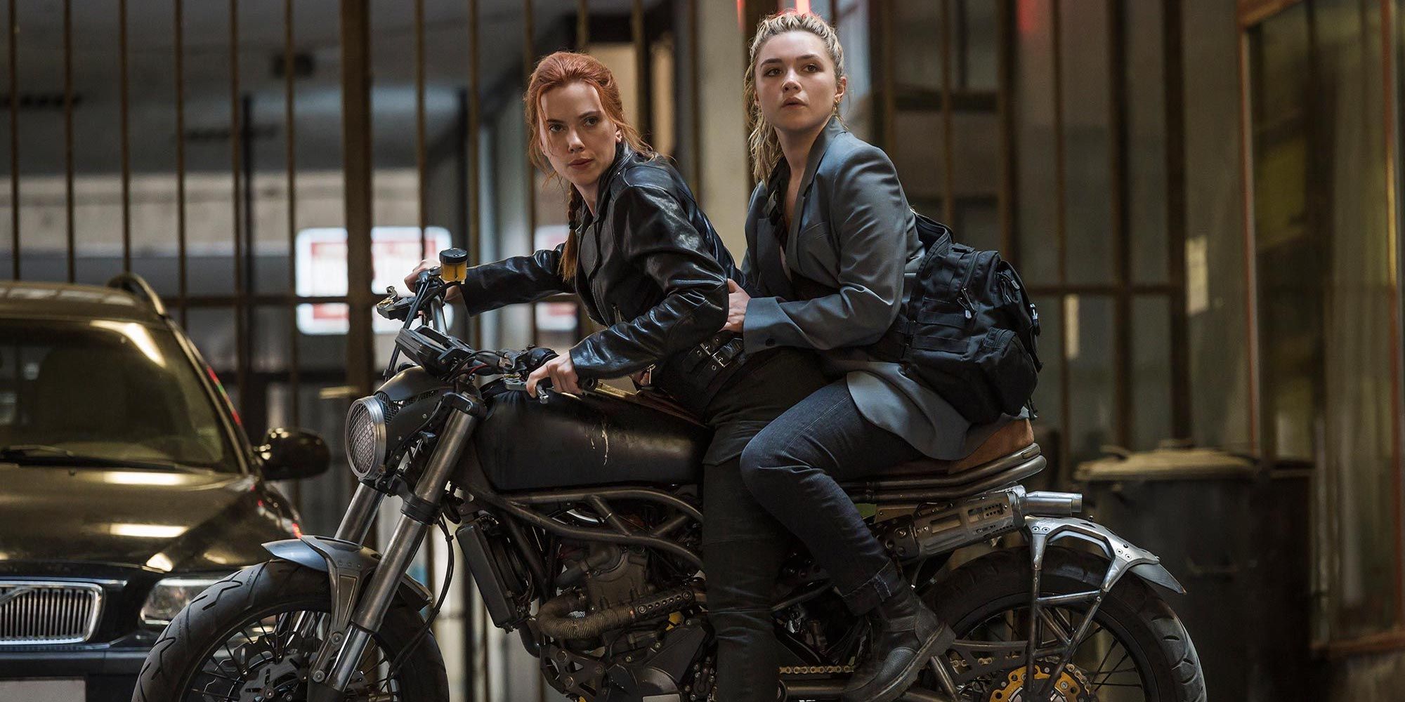 Natasha and Yelena on a motorbike in 2021's Black Widow.