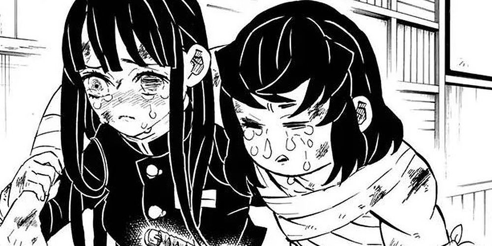 inosuke and Kanao walking together and crying