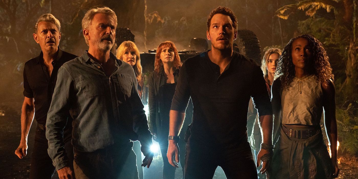 The main characters standing together in Jurassic World Dominion 