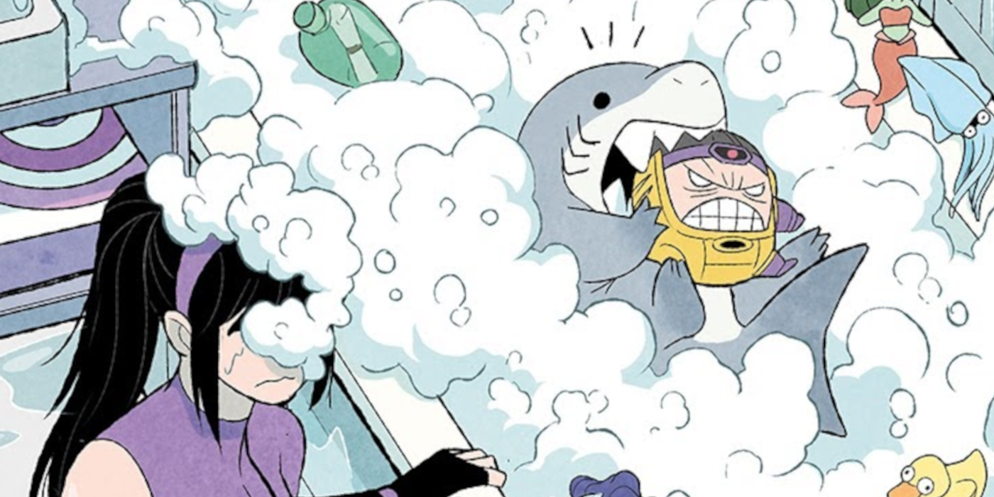 Jeffrey the Landshark takes a bath and bites a toy MODOK, while Kate Bishop is covered by the suds.