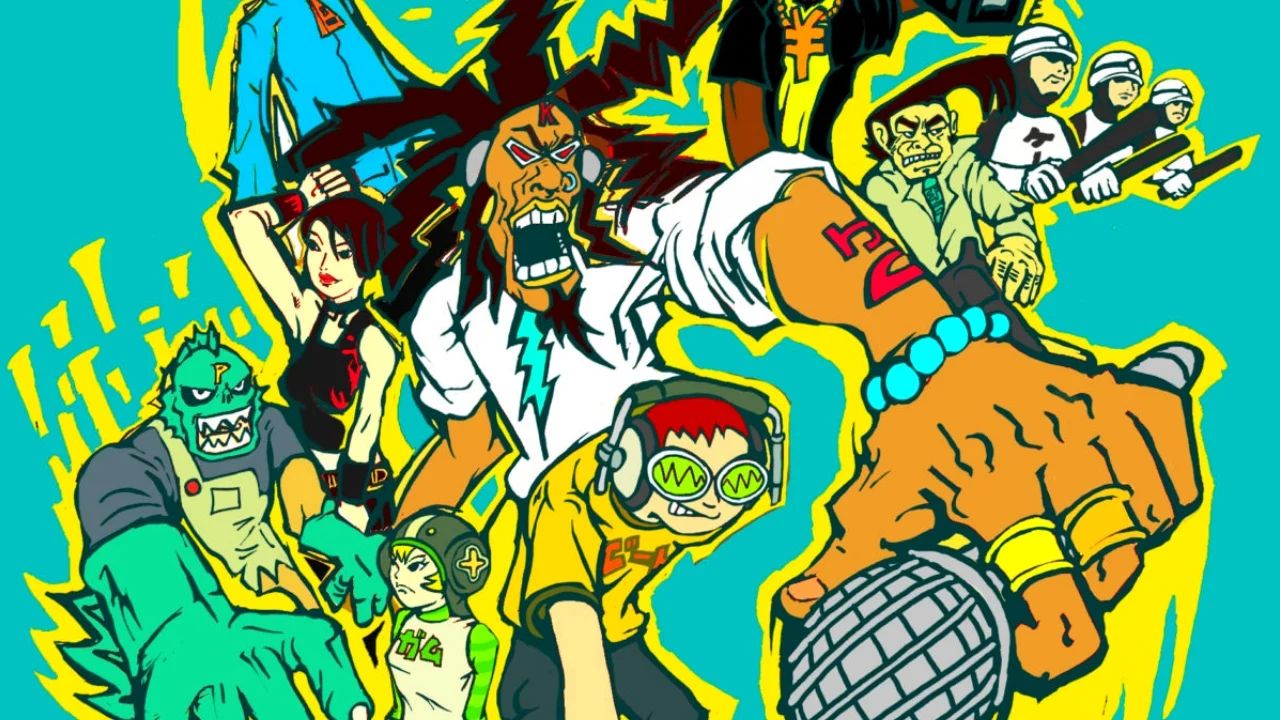 Vários personagens da Jet Set Radio são retratados em várias poses agressivas.