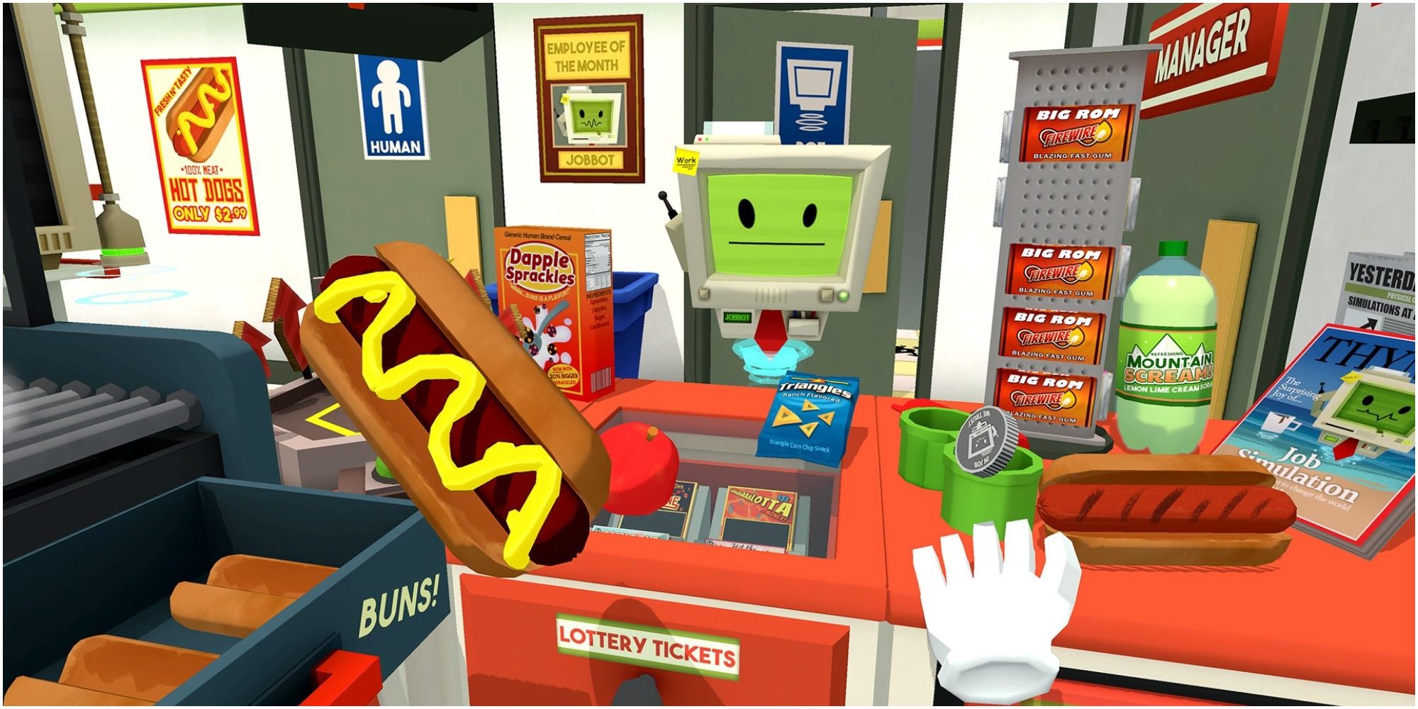 A robot assists the convenience store clerk in Job Simulator