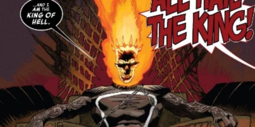 Johnny Blaze proclaims himself king of hell from a throne