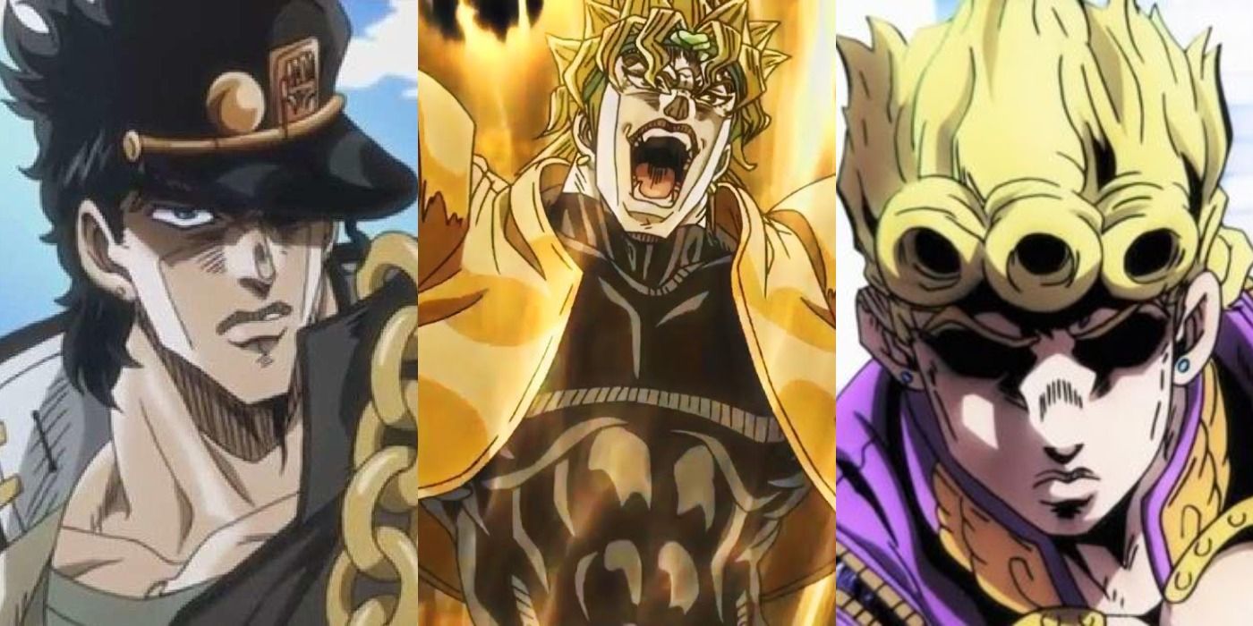 Jotaro frowning (left); Dio laughing maniacally (center); Giorno angry (right) 