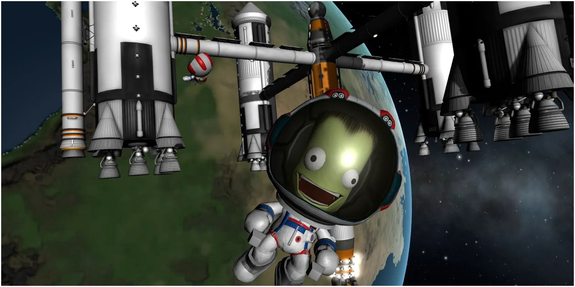 An excited Kerbal floats in from of an orbiting spacecraft