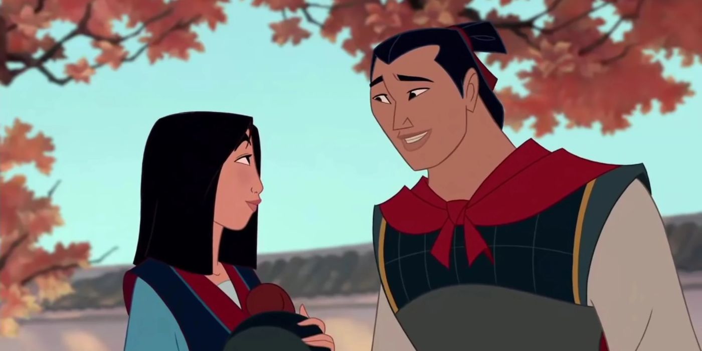 Mulan and Li Shang smiling, Mulan.
