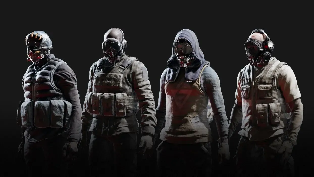 Four player characters from GTFO standing together as they would in the game's lobby screen
