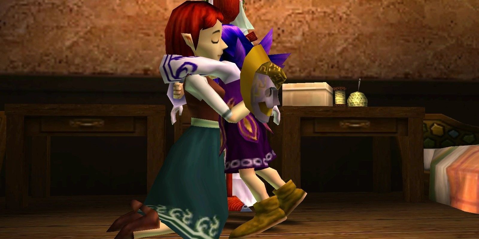 Kanfei and Anju embrace each other in Legend of Zelda: Majora's Mask