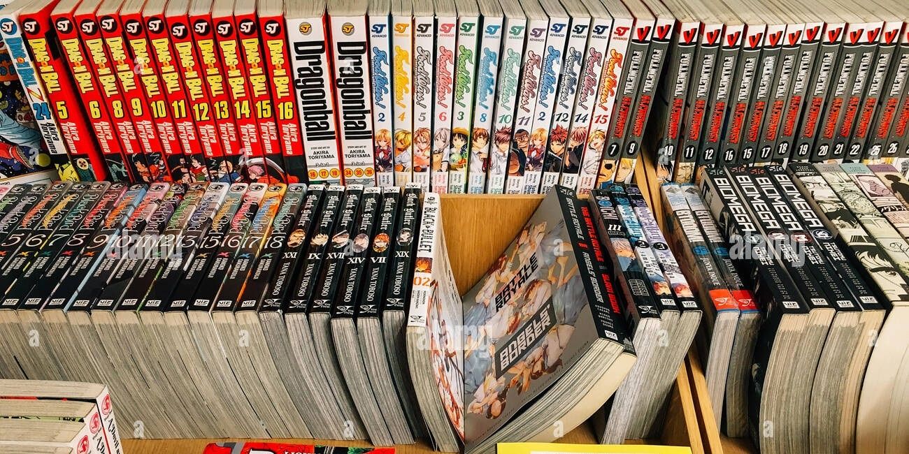 English-language manga volumes lined up on shelves