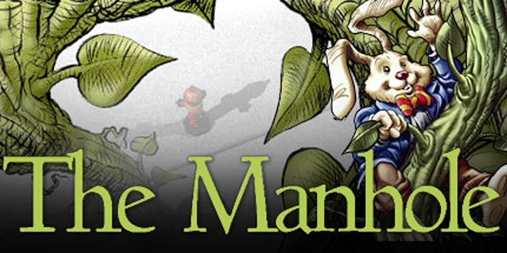 Manhole title poster image cropped - cartoon rabbit in a blue suit surrounded by plants while in a hole