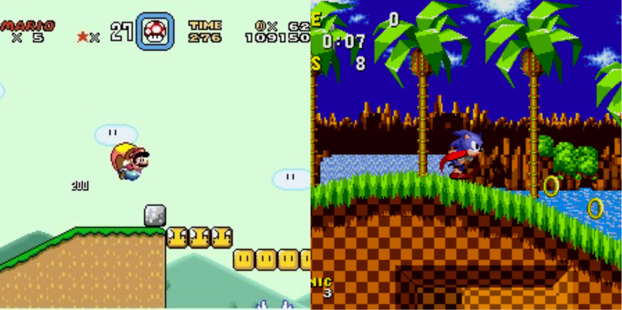 Flagship games on their respective consoles, Mario (here in Donut Plains 4) and Sonic (in Green Hill Zone 1) faced off for a decade.