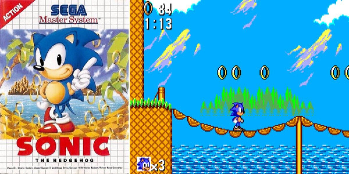 The cover of Sonic the Hedgehog for the Sega Master System, along with a screenshot of the game.