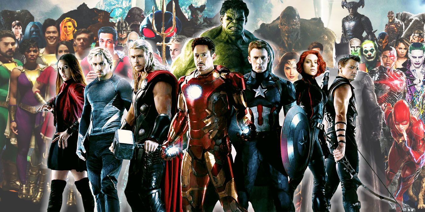 The Avengers posing in front of DC many cinematic heroes and villains