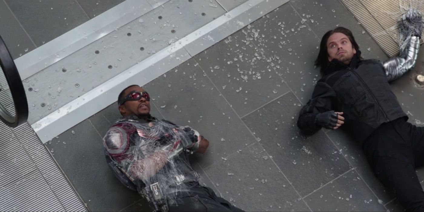 An image of the Falcon and the Winter Soldier webbed to the ground during Civil War