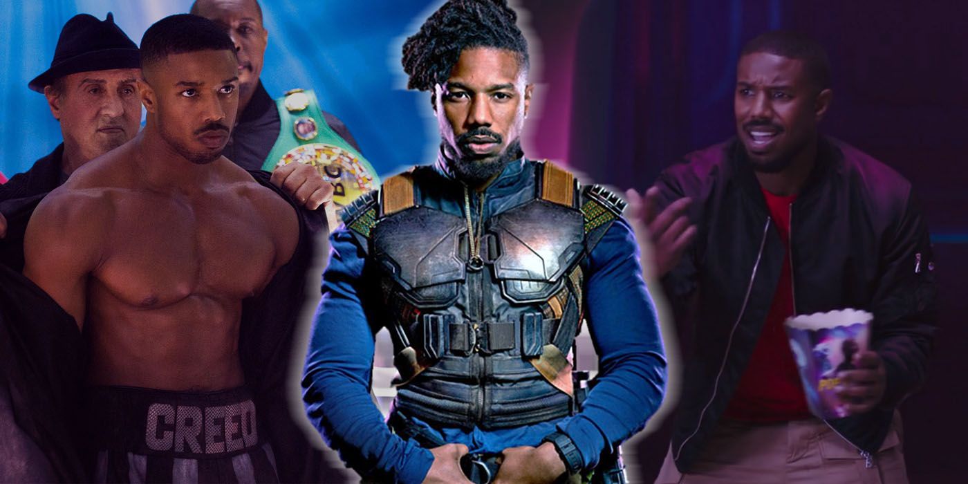 Three images of Michael B. Jordan from Creed, Black Panther, and Space Jam
