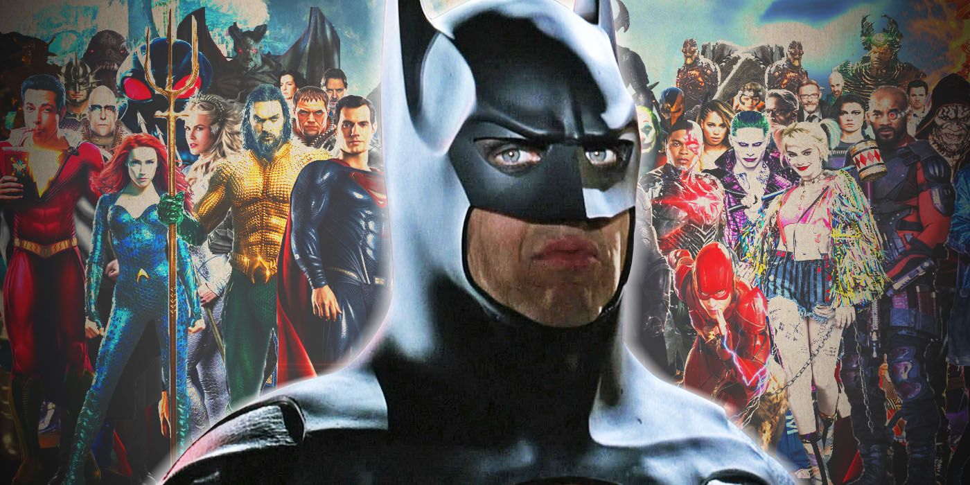 Michael Keaton's Batman in front of DCEU characters like Harley Quinn, Aquaman, and Superman
