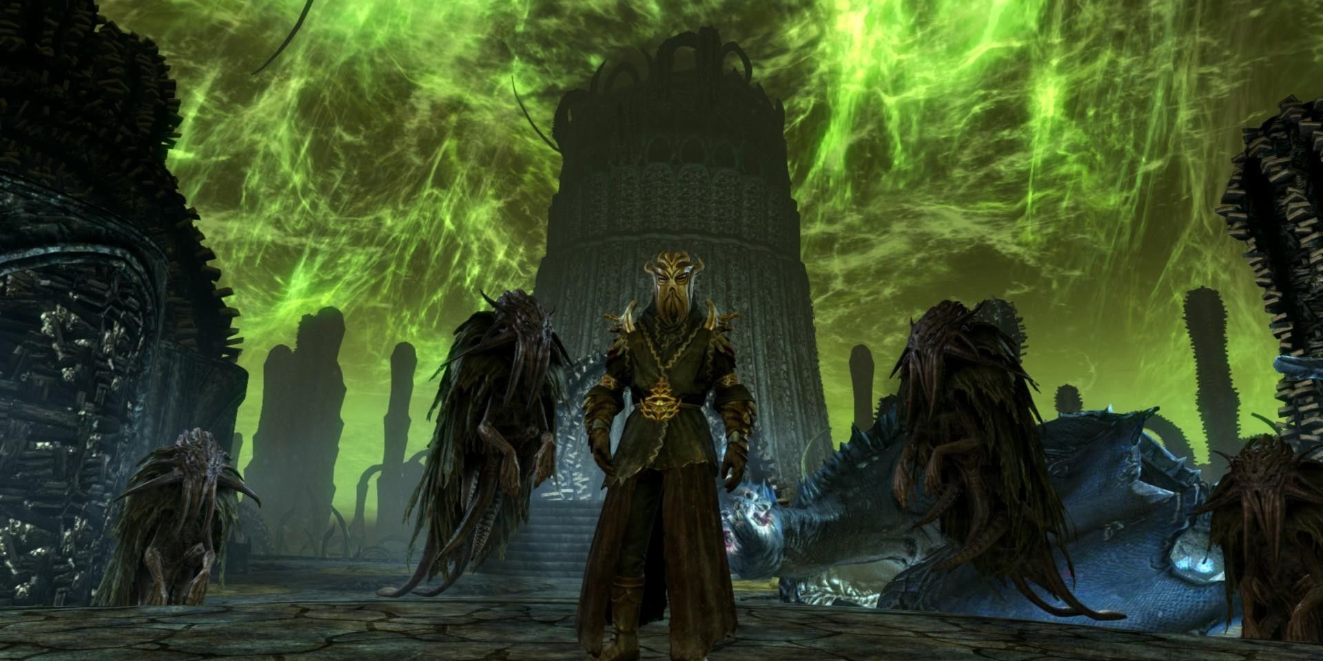 Miraak, the first Dragonborn, standing in Apocrypha, realm of Hermaeus Mora, during the events of The Elder Scrolls V: Skyrim