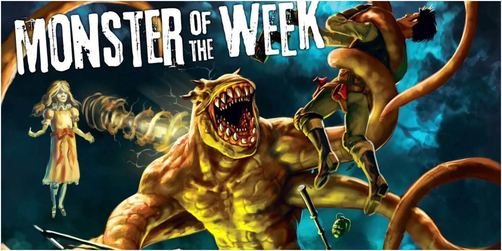 Art from the cover of Monster of the Week, a monster with tentacles is controlled by a little girl spirit and captures a hero.