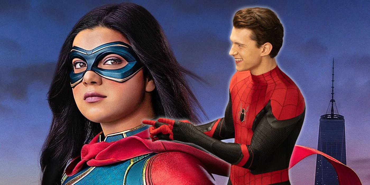 tom holland in spider-man no way home costume pointing to ms marvel