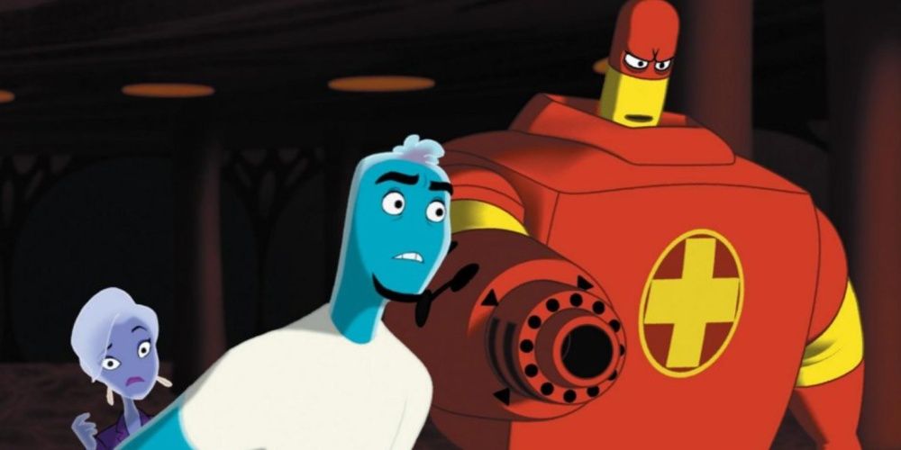 Leah Estrogen and Osmosis Jones look concerned while Drix aims his arm cannon in Osmosis Jones